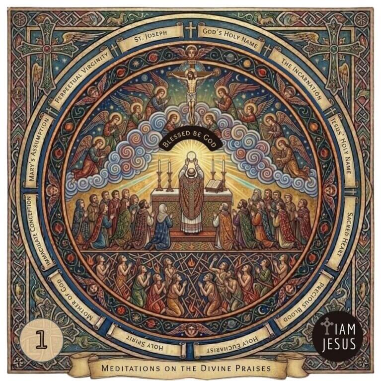 Catholic devotional artwork featuring a traditional, arched cathedral-style illustration depicting the glory of God the Father, used for the first Divine Praises meditation.