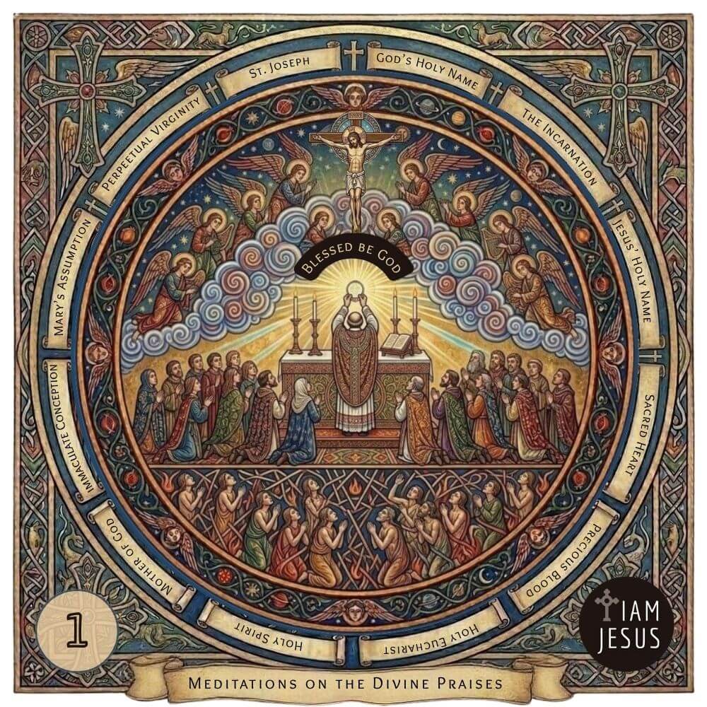 Catholic devotional artwork featuring a traditional, arched cathedral-style illustration depicting the glory of God the Father, used for the first Divine Praises meditation.