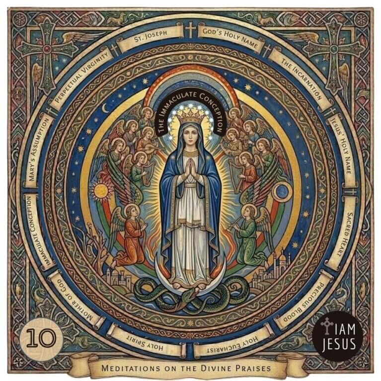 Ornate circular religious illustration with Mary at center, angels around, banners of divine praises, depicting the Immaculate Conception of the Blessed Virgin Mary surrounded by celestial light in an arched frame.