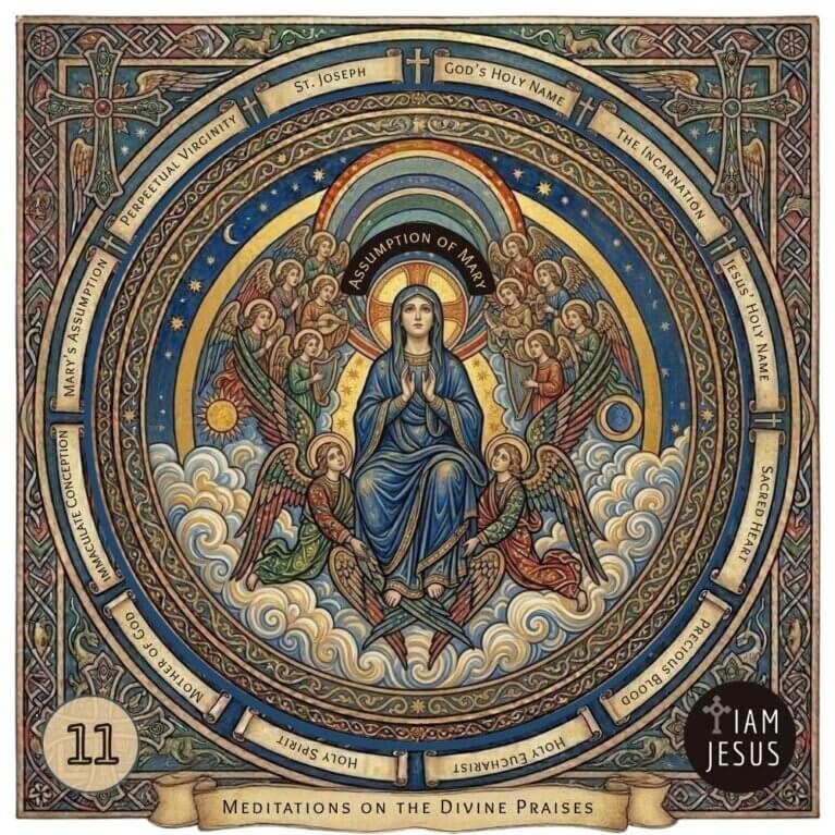 Circular religious artwork with Mary enthroned among angels on clouds, surrounded by ornamental rings and ribbons being assumed body and soul into heaven, enclosed in a traditional arched border.