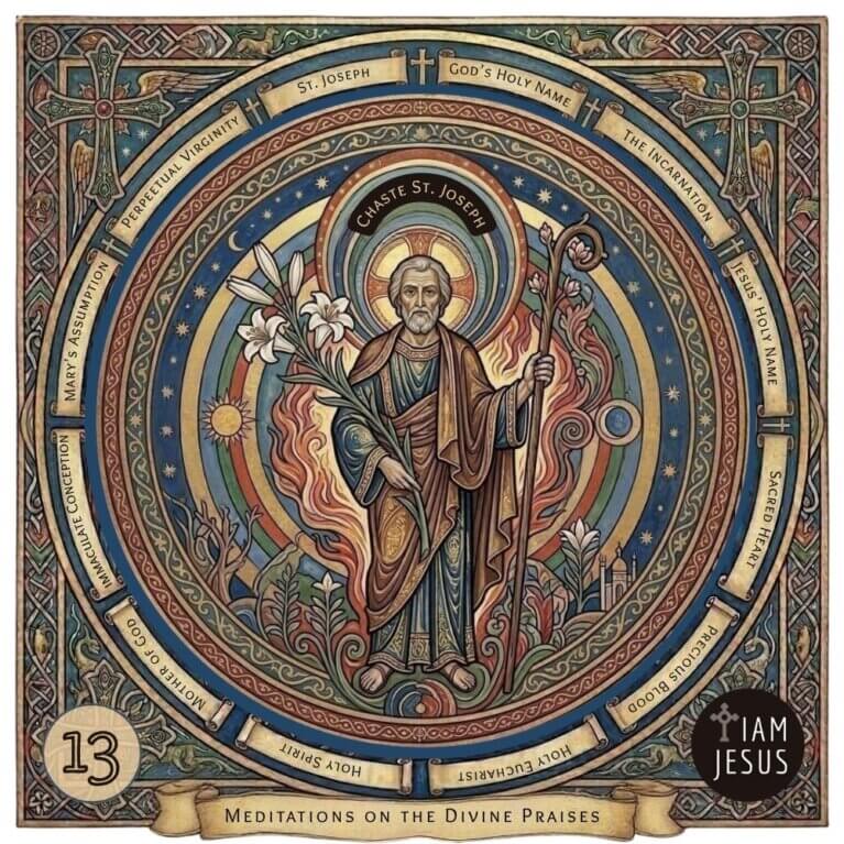 Circular devotional artwork featuring St. Joseph holding lilies and a staff, surrounded by ornate concentric rings and banners of prayers.