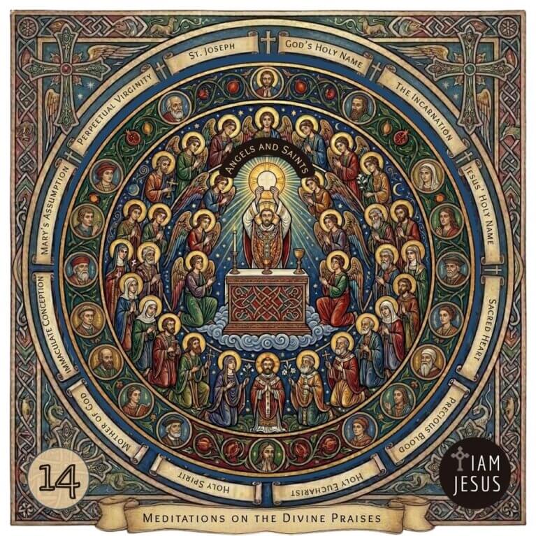 Catholic devotional artwork featuring a traditional, arched cathedral-style illustration depicting the glory of God the Father, and displaying a celestial hierarchy of angels and saints surrounding a central altar of praise.