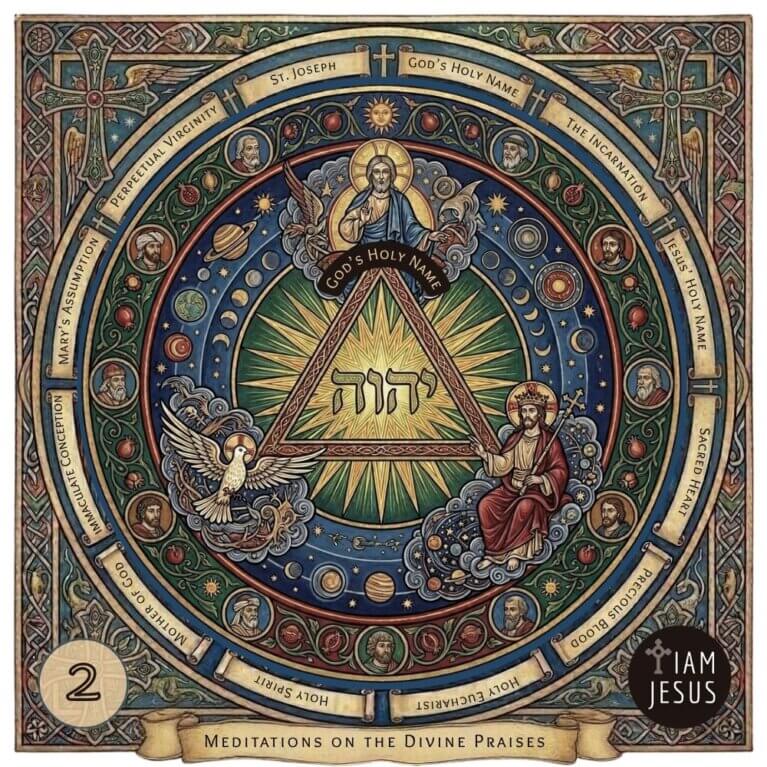 Arched Catholic devotional graphic highlighting the Holy Name of God in sacred scripture, for the second Divine Praises meditation.