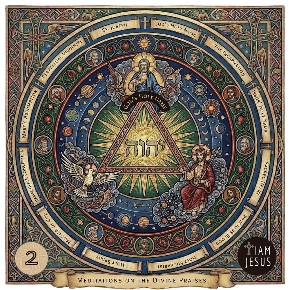 Arched Catholic devotional graphic highlighting the Holy Name of God in sacred scripture, for the second Divine Praises meditation.