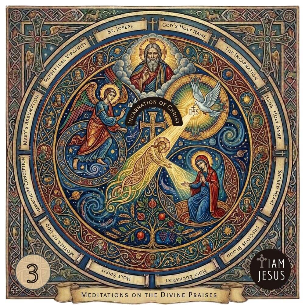 Sacred illustration of the Incarnation, depicting Jesus Christ as both fully divine and fully human within an ornate, arched border.