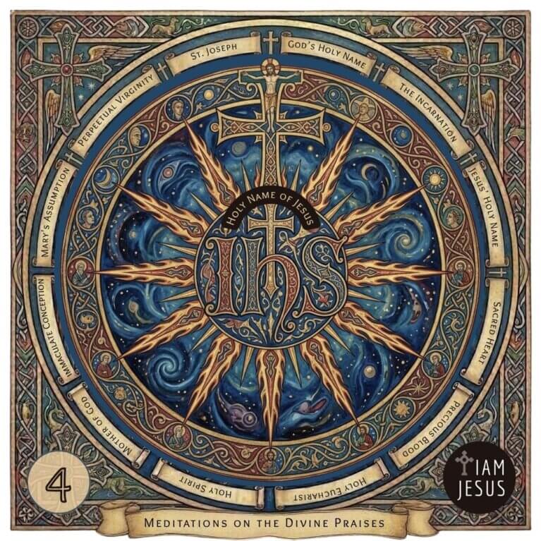 Devotional graphic featuring traditional Catholic art celebrating the Holy Name of Jesus, set inside an intricate, arched frame.