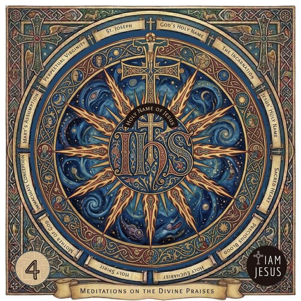 Devotional graphic featuring traditional Catholic art celebrating the Holy Name of Jesus, set inside an intricate, arched frame.