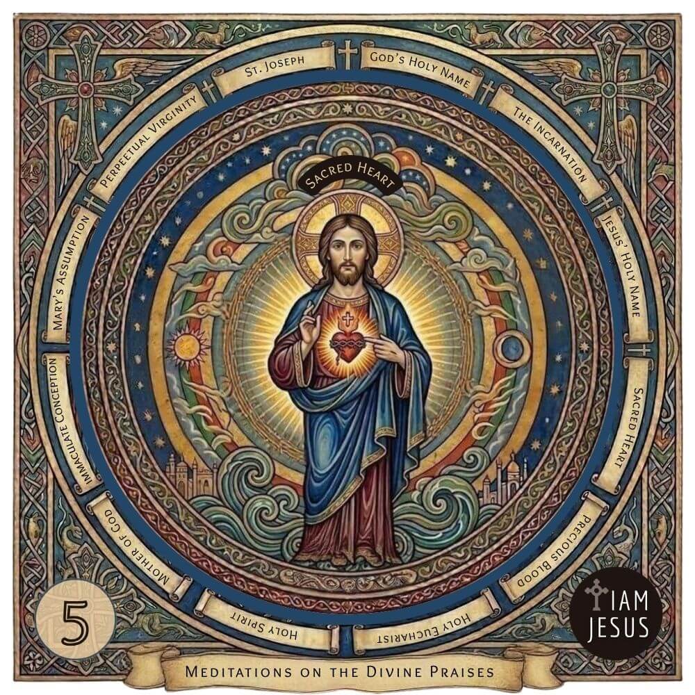 Iconic sacred heart image: Jesus in blue robes at center, halo and radiant heart, surrounded by ornate circular frame with banners of divine praises. Arched Catholic artwork of the Sacred Heart of Jesus radiating divine love and mercy, for the fifth Divine Praises meditation.