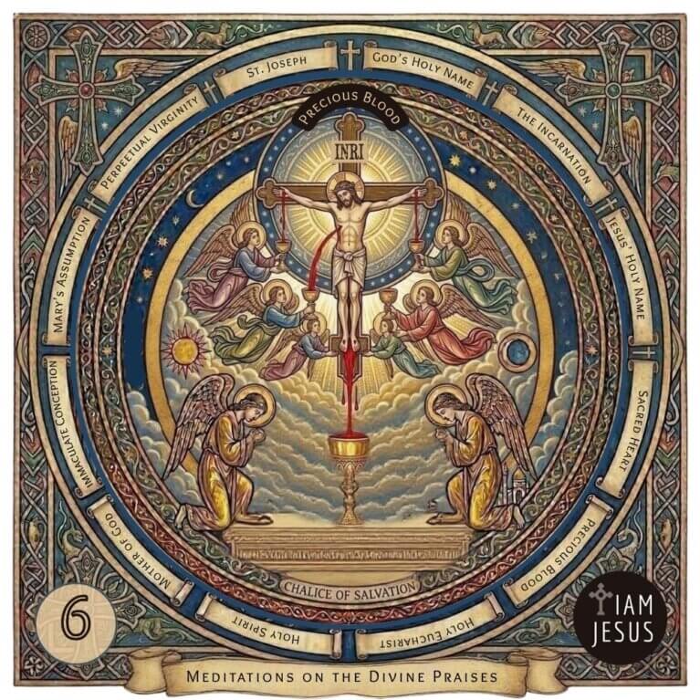 Circular sacred-art illustration featuring Jesus on the cross above a golden chalice, surrounded by angels and kneeling figures, encircled by banners of prayers. Traditional Eucharistic artwork showing the Precious Blood of Jesus poured out for salvation, enclosed in an arched cathedral frame.