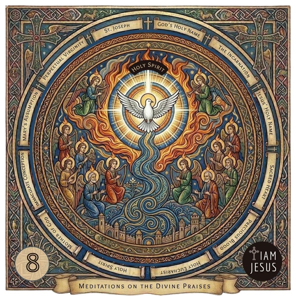 Circular religious artwork showing Devotional illustration of the Holy Spirit depicted as a descending dove with rays of grace, framed within an arched cathedral border.
