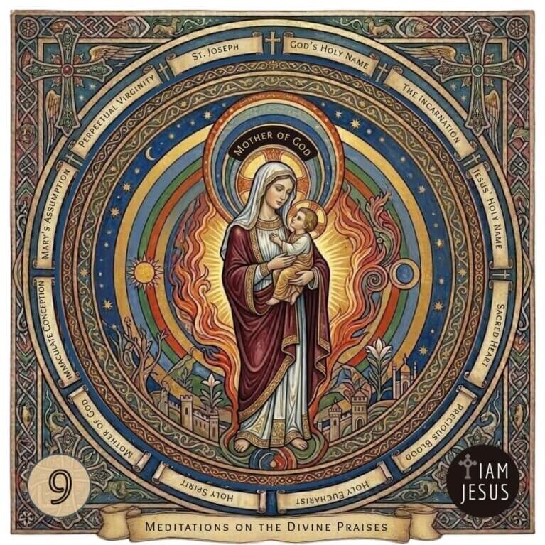 Religious icon of Mary holding baby Jesus, haloed, surrounded by concentric prayer rings and a decorative border; lower banner reads 'Meditations on the Divine Praises'.