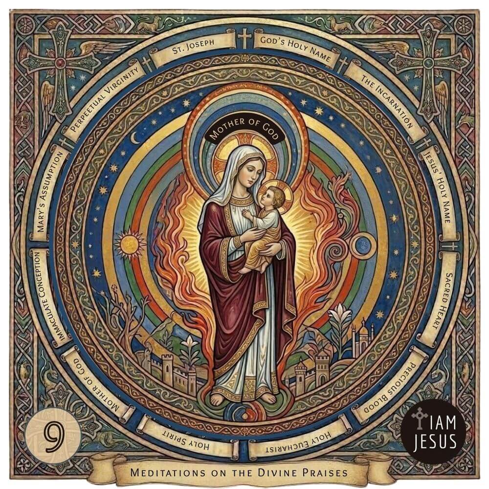 Religious icon of Mary holding baby Jesus, haloed, surrounded by concentric prayer rings and a decorative border; lower banner reads 'Meditations on the Divine Praises'.