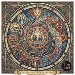 Intricate, circular Catholic devotional artwork displaying the Divine Praises and mysteries of faith, with a central illustration of Jesus in the Eucharist surrounded by the Blessed Virgin Mary, Saint Joseph, angels, and saints.