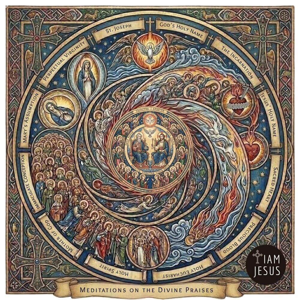 Intricate, circular Catholic devotional artwork displaying the Divine Praises and mysteries of faith, with a central illustration of Jesus in the Eucharist surrounded by the Blessed Virgin Mary, Saint Joseph, angels, and saints.