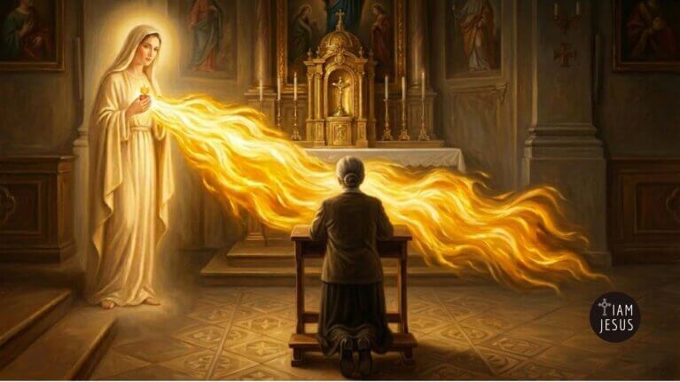The Unity Prayer and Flame of Love devotion with mystic Elizabeth Kindelmann kneeling from behind at a parallel kneeler facing the Blessed Virgin Mary and the central tabernacle