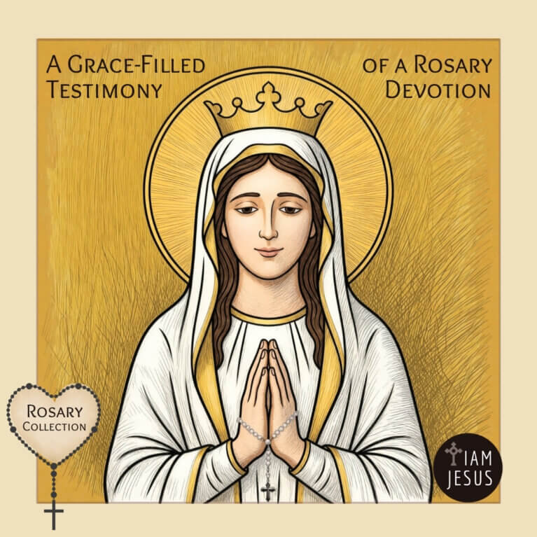 Iconic illustration of Mary with a crown and halo, praying with a rosary on a gold background.