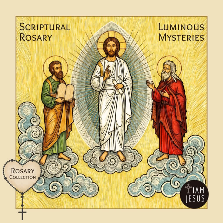 Icon-style religious illustration: Jesus in white at center with a radiant halo, flanked by two saints on clouds, with 'Scriptural Rosary' and 'Luminous Mysteries' text around.