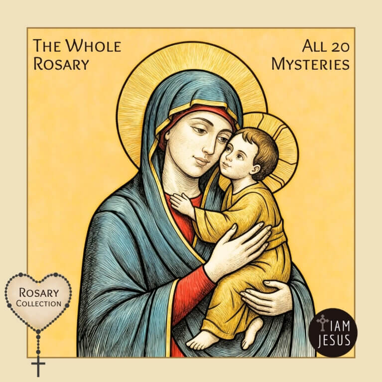 Icon-style depiction of the Virgin Mary holding Baby Jesus with halos, set on a yellow background; text reads 'The Whole Rosary' and 'All 20 Mysteries' with a Rosary Collection badge and 'I AM JESUS' logo.