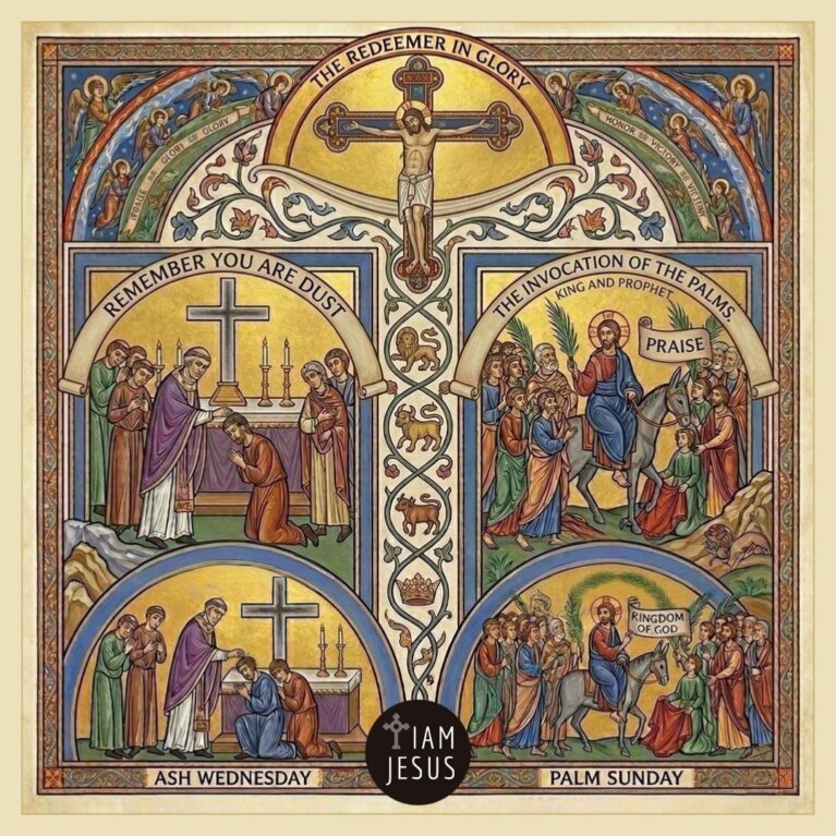 Ornate Christian icon illustrating Holy Week: Ash Wednesday scenes on the left, Palm Sunday on the right, with Jesus and crowds beneath a central cross.