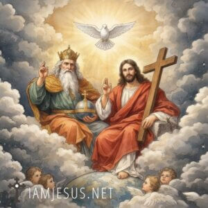 Depiction of the Holy Trinity: God the Father with crown and orb, Jesus with a cross on a globe, surrounded by angels in the clouds with radiant light and a dove above them.] , but remove bracket.