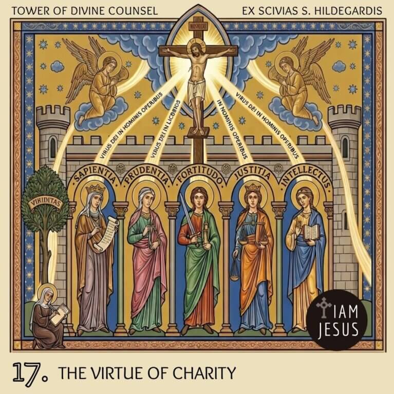 Icon of Christ on the cross above six haloed saints under arches, representing the virtue of charity.