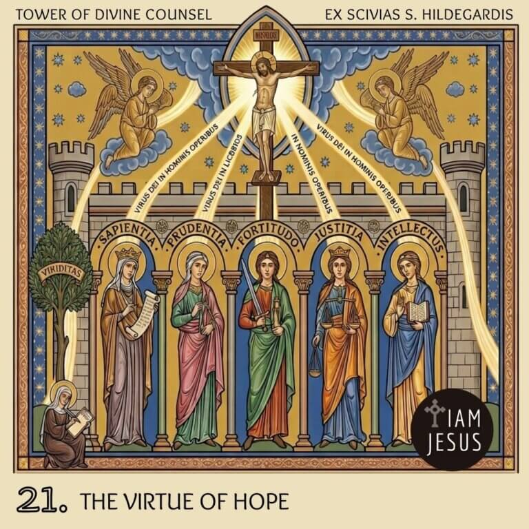 Iconic panel titled 'The Virtue of Hope': Christ on the cross above seven saints with halos under arches and rays of light farther above.