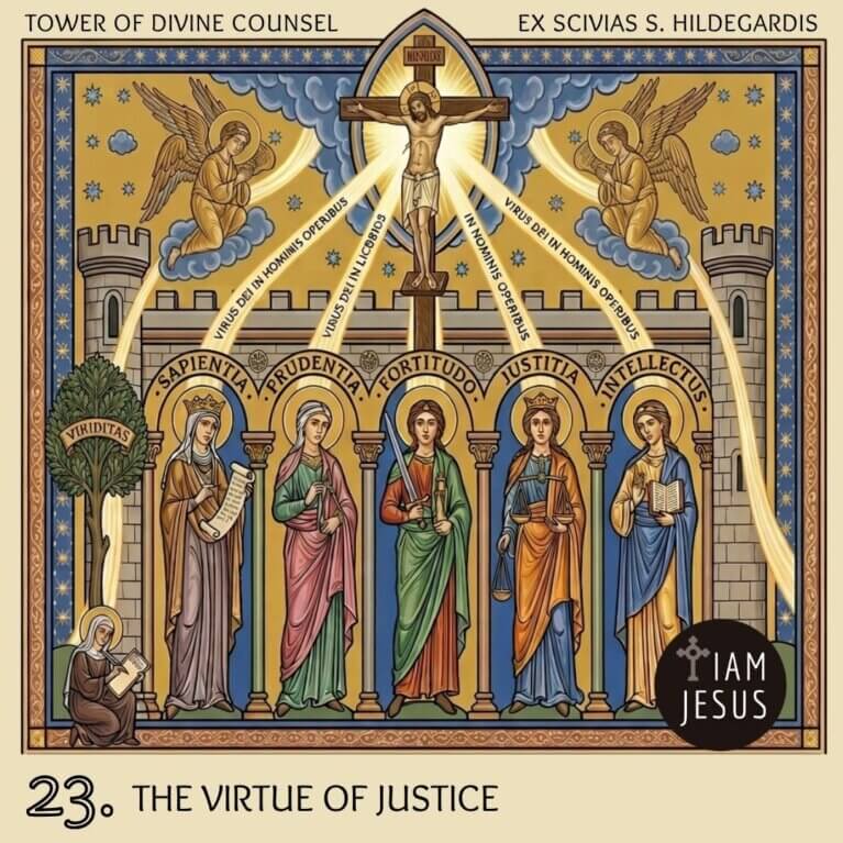 Icon panel with Jesus on the cross above six haloed saints under arches, symbolizing the virtue of justice.