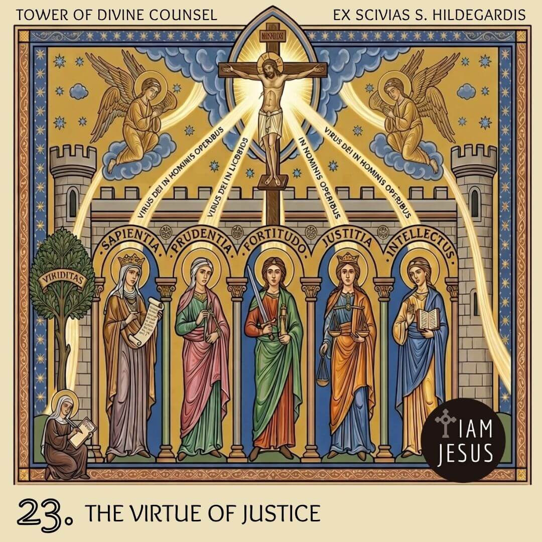 Icon panel with Jesus on the cross above six haloed saints under arches, symbolizing the virtue of justice.