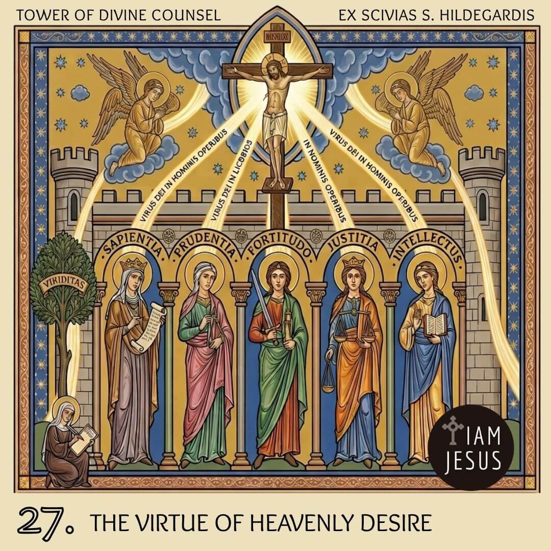 Christian icon showing Jesus on the cross above a row of saints under arches, representing the heavenly virtues (Wisdom, Prudence, Fortitude, Justice, Intellect), with angels overhead and a monk writing at the left.