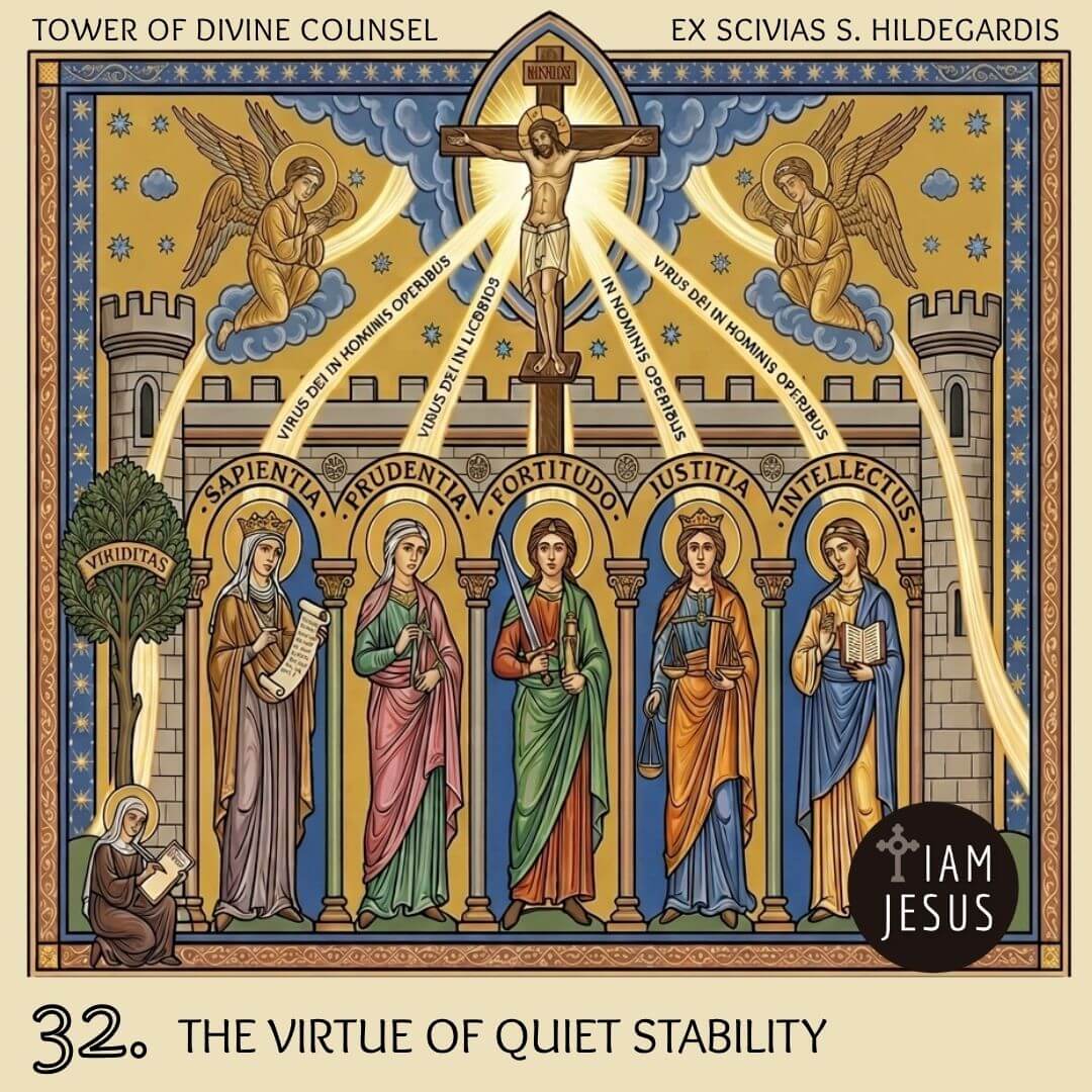 Iconic panel titled 'The Virtue of Quiet Stability' showing saints under arches with Latin virtues named above, and a crucifix halo scene above.