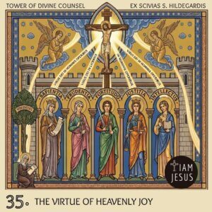Icon-style devotional panel: Jesus on the cross above seven saints under arches, each symbolizing a heavenly virtue, with angels and a bannered scene.