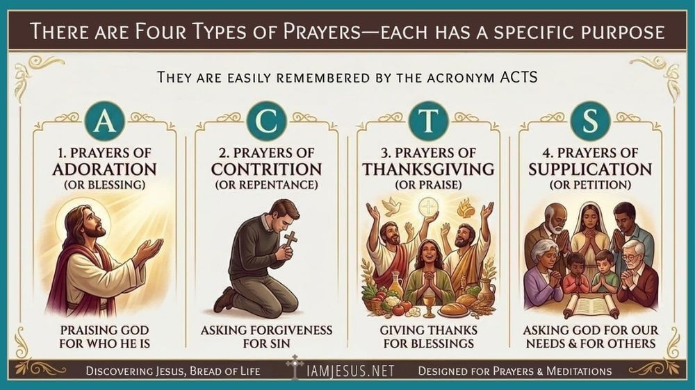 Infographic showing the 4 types of Christian prayer: Adoration, Contrition, Thanksgiving, and Supplication (ACTS framework)