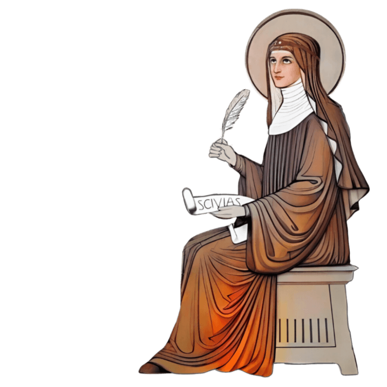 St. Hildegard of Bingen writing Scivias, reflecting on leading souls on a virtue meditation journey