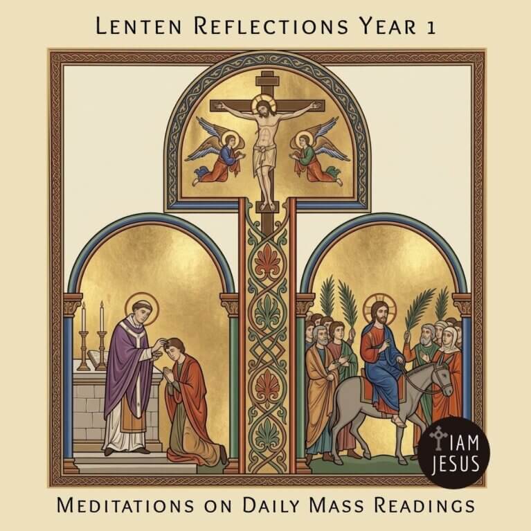Cover art for Lenten Reflections Year 1: a triptych icon with Jesus on the cross, a blessing scene on the left, and Jesus with followers on a horse on the right; title and subtitle included.