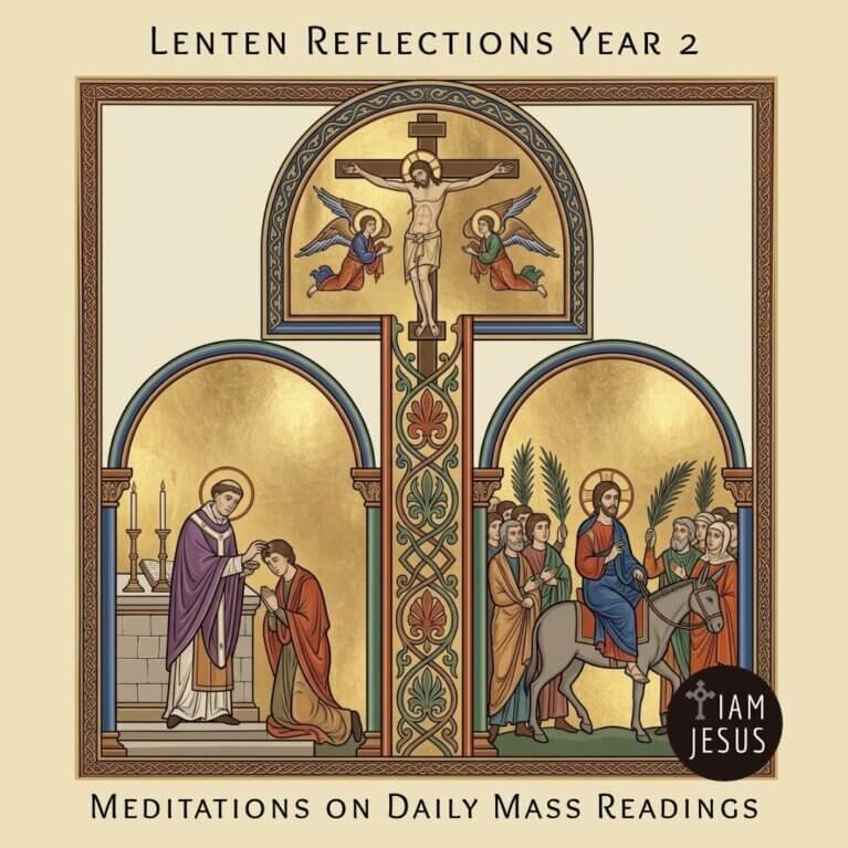Cover art for Lenten reflections: a sacred triptych with Jesus on the cross at center, left scene of blessing, right scene with Jesus and followers; warm gold tones.