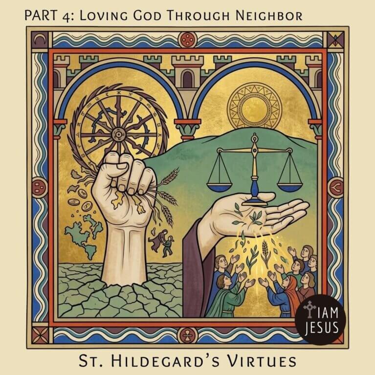 Illustration for St. Hildegard’s Virtues: a raised fist holding wheat on the left and a cupped hand with scales on the right, with people reaching toward light.