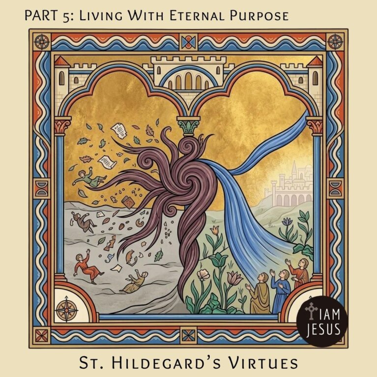 Ornate medieval-style illustration with a twisting tree pouring a blue stream, people praying on the right, distant castle, and decorative borders; reads 'Part 5: Living With Eternal Purpose' and 'St. Hildegard’s Virtues'.