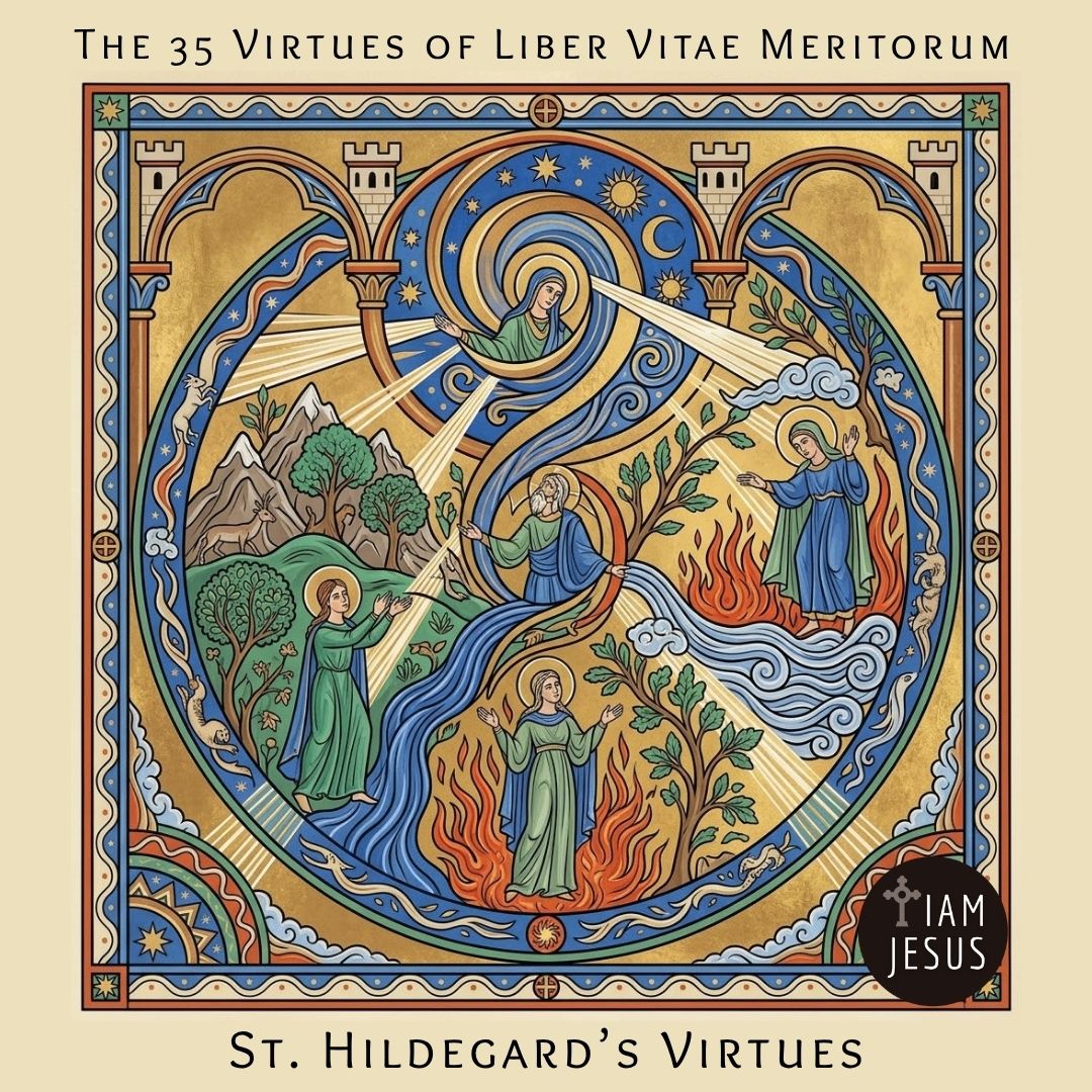 Medieval illuminated circle with figures around a spiraling vortex, landscape, fire, and celestial symbols on a beige album cover reading 'The 35 Virtues of Liber Vitae Meritorum'.