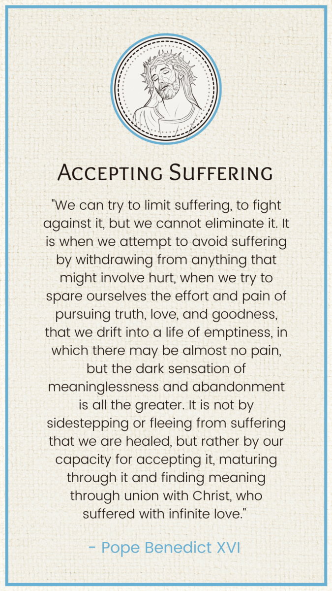 "We can try to limit suffering, to fight against it, but we cannot eliminate it. It is when we attempt to avoid suffering by withdrawing from anything that might involve hurt, when we try to spare ourselves the effort and pain of pursuing truth, love, and goodness, that we drift into a life of emptiness, in which there may be almost no pain, but the dark sensation of meaninglessness and abandonment is all the greater. It is not by sidestepping or fleeing from suffering that we are healed, but rather by our capacity for accepting it, maturing through it and finding meaning through union with Christ, who suffered with infinite love."